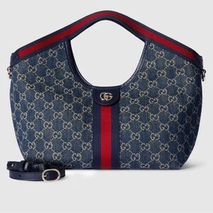 Gucci Giglio Blue GG Denim Shoulder Bag with Red Stripe